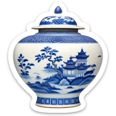 Cinematic Realistic image of exquisite blue and white porcelain, rendered with delicate, intricate patterns and fine textures, showcased against a classic Chinese backdrop with soft, refined lighting sticker