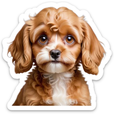 Cinematic Grumpy Apricot Cavoodle Portrait Emoji, Head tilted slightly with a deeply unimpressed expression, showcasing a thick, curly apricot coat with subtle white accents, large, droopy brown eyes narrowed into an unamused glare, ears slightly drooping in exasperation, Simplified yet comically expressive features, highly detailed, glowing with a dry, sarcastic glow, high shine, effortlessly judgmental yet dignified, stylized with a touch of cynicism, bright but brooding, soft glowing outline, capturing the essence of an eternally unimpressed yet endearing companion, so lifelike it feels like it could sigh heavily at you in disdain at any moment! sticker