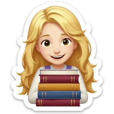 Cinematic Adorable Belle Portrait Emoji, Giggling as she hugs a stack of books, eyes twinkling with excitement, golden hair tousled slightly, a perfect mix of beauty and endearing nerdiness! sticker