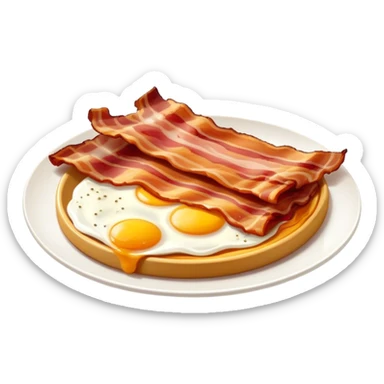 Cinematic crispy sizzling bacon, slightly curled, golden-brown with a perfect crunch, glistening with rich flavor, deep warm tones, served on a breakfast plate, comforting and indulgent. sticker