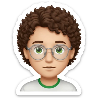 Boy with brown curly hair and dark green eyes in white glasses sticker