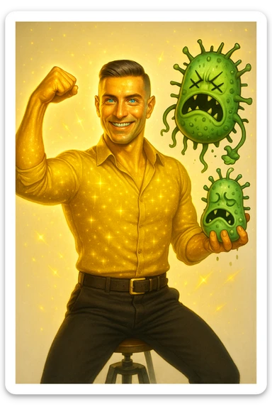 Un uomo atletico (30-40 anni) dalla pelle perfettamente liscia, senza cicatrici o imperfezioni, che emana un leggero bagliore dorato (metafora degli anticorpi).
Occhi brillanti con riflessi blu-verdi (simbolo di salute estrema).
Postura eroica, con un braccio sollevato in un gesto di forza, mentre con l'altro tiene un batterio gigante schiacciato come se fosse un mostro sconfitto. sticker