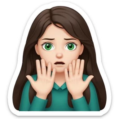 Brunette girl with long hair and bluish green eyes, choking herself with two hands and annoyed looking eyes  sticker