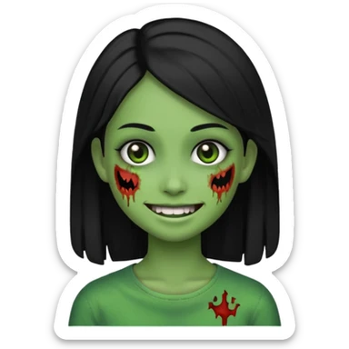smiling half-zombie girl emoji, straight black hair, green skin, no text sticker