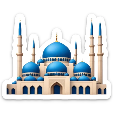 Cinematic Realistic Mohammad Al-Amin Mosque Landmark Emoji, showcasing its striking blue dome, towering minarets, and detailed Arabic calligraphy. sticker