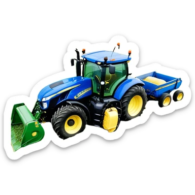 Baler – New Holland Roll-Belt 560 (2018) – Cinematic-realistic John Deere 6155M tractor towing a New Holland Roll-Belt 560 baler, its deep green body contrasting with the bright blue baler. The massive machine moves steadily through golden fields, compressing freshly cut hay into tight round bales, while dust swirls under the blazing afternoon sun. sticker