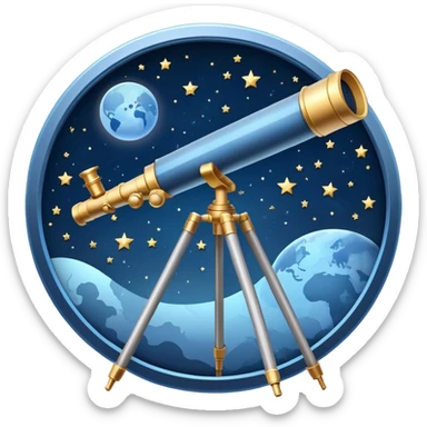 An icon featuring a telescope, stars, and a planet, symbolizing astronomy. The design includes a crescent moon, distant galaxies, and constellations, representing the study of space and celestial bodies. Transparent background highlights the exploration of the universe and cosmic phenomena. sticker
