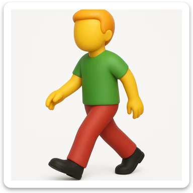 Create a walking man emoji with moderate red pants, a green shirt, and no face, in a 3D emoji style inspired by the reference image. Keep the pose and proportions similar to the original. sticker