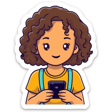brunette girl with curly medium length hair, brown eyes, slightly tan skin, holding a phone sticker