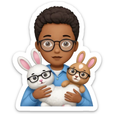 black boy kid with glasses → holding a toy rabbit sticker