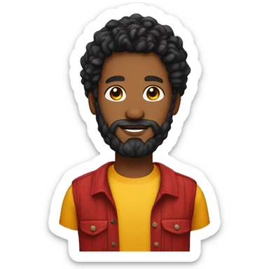 create one black person with 2 strand twists with 5 a full curly black beard snd a red and yellow shirt headshot style be detailed sticker