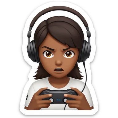 girl with dark brown hair and a black gaming headset. she is angry at the game she is playing sticker