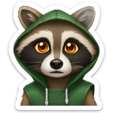 brown raccoon with orange eyes and a dark green hood that is sad sticker
