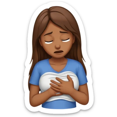 Crying woman with long brown hair rubbing stomach with shirt on sticker