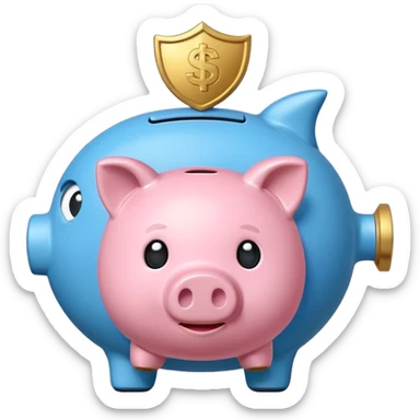 A clean and simple emoji-style icon: A stylized piggy bank with a coin dropping into it from above. Next to the piggy bank, a small shield symbolizing security and protection. Minimal details, rounded shapes, bright flat colors, consistent with standard emoji design. sticker