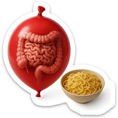 intestino umano anatomico chiuso in un palloncino rosso che simboleggia gonfiore, accanto una bowl di pasta, iperrealistico 4k sticker