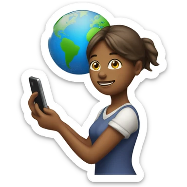 emoji of a girl holding a phone and a globe with internet hovering above the phone sticker