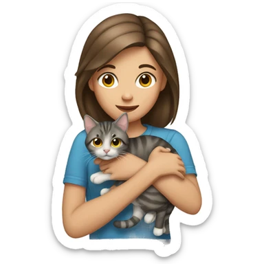girl with brown hair holding grey tabby cat sticker