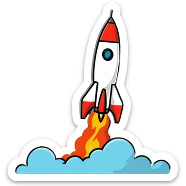 A colorful rocket blasting off with flames and clouds of smoke sticker