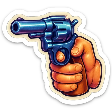 male hand holding a revolver, retro stickers style, clear black outlines, expressive shadows and highlights, no gradients, only sharp color transitions, close-up of the revolver sticker