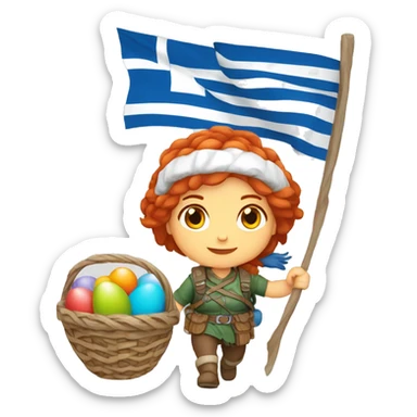 Greek Female winter mountaineer red hair white skin climbing with Greek Flag and Easter eggs basket sticker