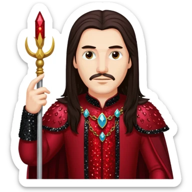 Vlad Tepes with long dark brown hair, dark red sequin outfit sticker