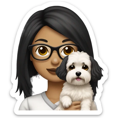 Tan skinned woman with black straight hair and black glasses holding white MaltiPoo dog sticker