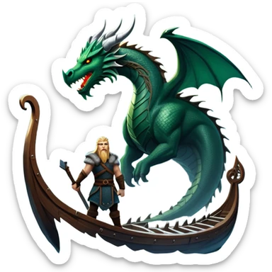 An icon representing an adventure game, inspired by Norse mythology. The design features a fierce Viking warrior standing at the prow of a dragon-headed longship, sailing through icy waters. Snow-capped mountains loom in the distance as the northern lights dance overhead, evoking a sense of conquest, mystery, and legend. Transparent background. sticker