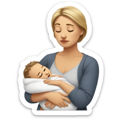 European sad mother with newborn sticker