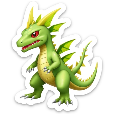 Cool cute shiny futuristic Flygon-Tyranitar-Digimon-hybrid-fusion, yellow belly, full body sticker