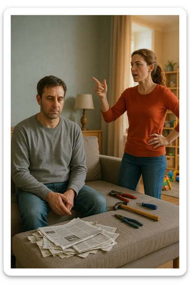 Uomo tra i 35 e i 45 anni, seduto in disparte sul divano con sguardo spento e postura chiusa, mentre la moglie, in piedi, gesticola con decisione e dirige la scena familiare (dando ordini ai figli o organizzando la casa). Intorno, simboli visivi della perdita di ruolo maschile: giornali accartocciati, strumenti da lavoro inutilizzati, l’uomo con vestiti trasandati o troppo neutri. La donna appare energica, determinata, mentre lui è passivo e disconnesso. Atmosfera domestica fredda o neutra. Colori sbiaditi attorno all’uomo, più vividi attorno alla donna. Stile realistico con tono simbolico. sticker