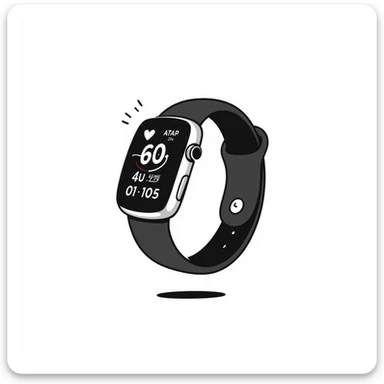 A fitness smartwatch with health tracking display in pastel colors (dd9fb0, ffc6d3, a3bfc9, c4bee2, f1b091), hand-drawn doodle style sticker