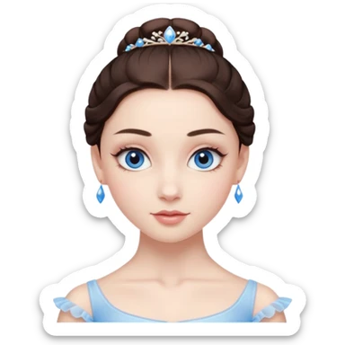 Realistic Ballerina Portrait, with porcelain-like skin featuring a natural rosy flush, illuminated by soft lighting that highlights the gentle contours of her face. Her Brunette hair flows in soft, Her deep blue eyes radiate warmth and innocence, framed by arched brows and long lashes. sticker
