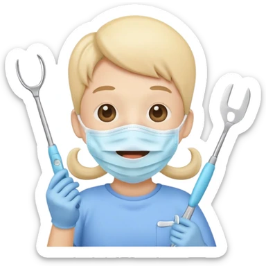 Cute tooth character wearing a face mask, holding dental tools, friendly and clean emoji style, flat illustration, simple design, white background. Diente animado no person sticker