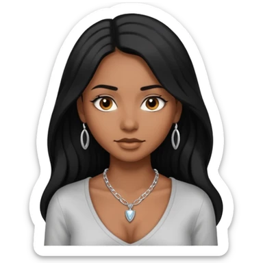 Brown skin girl with long black hair with 4 edges 2 on each side wearing a v-cut neckline shirt with a silver necklace sticker