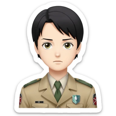 Levi Ackerman from Attack on Titan, with black hair, gray eyes, and wearing Survey Corps uniform sticker
