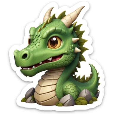Cinematic Cute Giant Rock Dragon Portrait Emoji, Head tilted playfully and inquisitively, showcasing a robust, stone-carved body with intricately detailed, craggy textures in natural earthen tones accented by soft hints of moss, and a surprisingly gentle, endearing expression; rendered with lifelike clarity and warm, natural light, high shine, mighty yet endearing, styled with a touch of ancient, stony whimsy, soft glowing outline, capturing the essence of a mischievous stone guardian poised to rumble playfully into your embrace! sticker