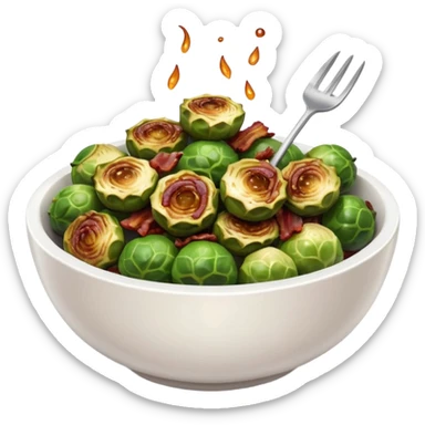 realistic crispy grilled charred brussel sprouts with bacon bits with maple syrup drizzle in white bowl sticker