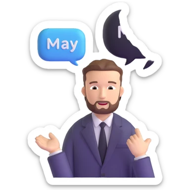 Justin Timberlake lookalike with speech bubble 'MAY' sticker