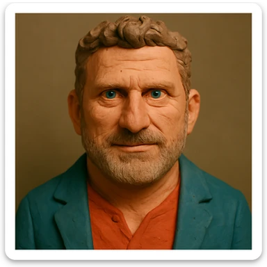 Create a claymation portrait that blends the facial features and expression of the person in the photo with the style and facial proportions of the Gerard Butler-inspired claymation art, featuring a narrower face and slightly larger forehead, using an alternate color palette. sticker