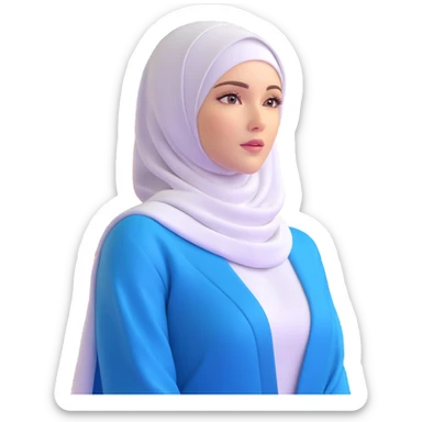 woman with white hijab wearing blue outfit, looking forward, surrounded by floating futuristic screens showing advanced holographic interfaces, AI visualizations, quantum data patterns, circuit networks, high-tech metaverse elements sticker