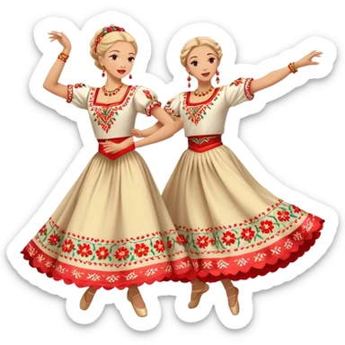 Cinematic Realistic scene of two dancers performing the Mazurka, dressed in vibrant traditional Polish costumes with intricate embroidery and flowing skirts, captured in graceful motion with warm, festive lighting sticker