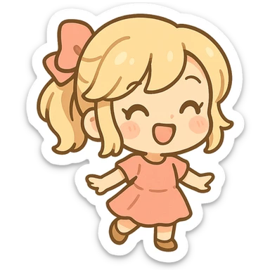 young blond girl, pink bow at the back, facing forward, playful vibe, cartoon style, cute sticker