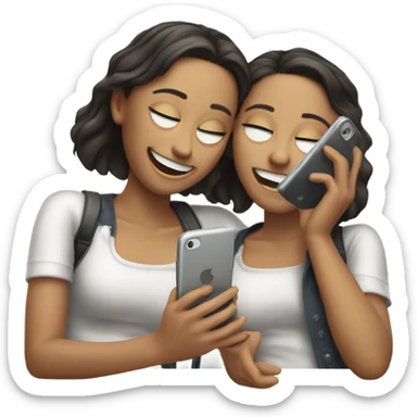 two girls laying in bad laughing at their cell phones sticker