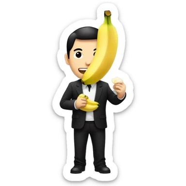 An Asian man in a black suit and black shirt with a banana in his hand is eating it sticker