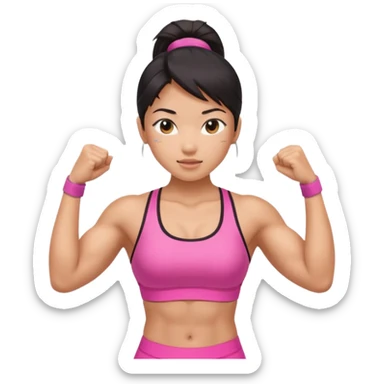 Athletic Asian girl show biceps wearing pink sticker