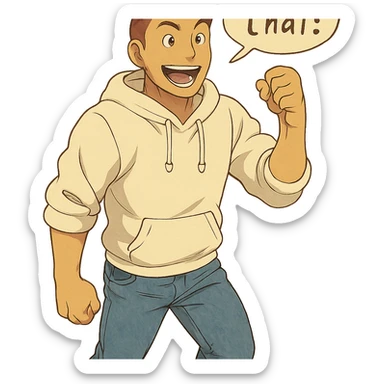 1 male, mid fade haircut dark chestnut brown hair, lighter tan skin, white athletic hoodie sleeves up, faded fashion jeans, red fashion-sneakers shoes, pose from my hero academia:  A portrait showing him saying : "I love that!" sticker
