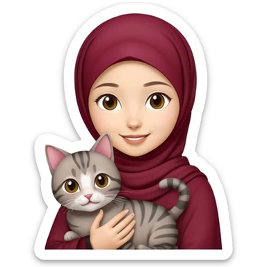Asian white girl wearing maroon hijab holding a black grey tabby cat with smiling sticker