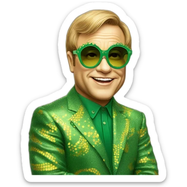 elton john wearing green and yellow patterned oversized sunglasses with scalloped edges for mardi gras sticker