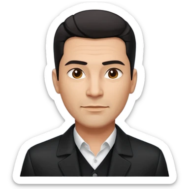 Attractive Hispanic TV host in his mid to late 40s with light brown skin, short straight black hair slicked back with fade on sides, square handsome face with strong jawline, friendly approachable expression, wearing open black jacket revealing white buttoned shirt underneath sticker